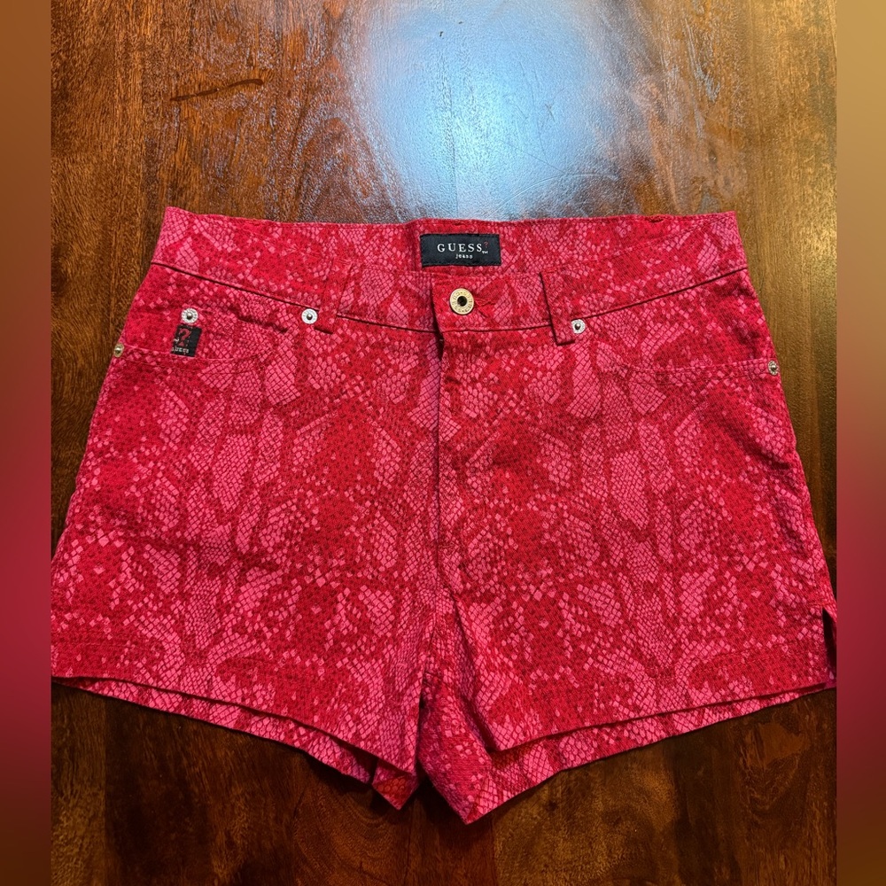 Guess Red Snakeskin patterned Jean Shorts